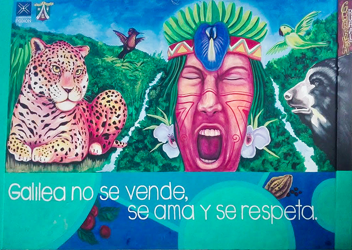 „Galilea wird nicht verkauft – er wird geliebt und respektiert“: Mit farbenfrohen Wandbildern an Häuserfassaden der Tolima-Provinz macht PODION darauf aufmerksam, was durch die Abholzung des letzten Nebelwaldes der Region auf dem Spiel steht.  