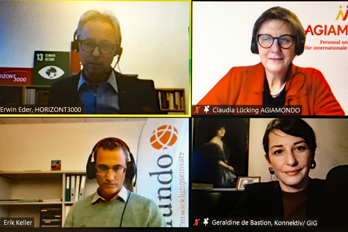 Treffen der Geschäftsführer*innen von horizont3000, AGIAMONDO und COMUNDO, sowie Geraldine de Bastion, die Geschäftsführerin der Beratungsfirma Konnektiv.