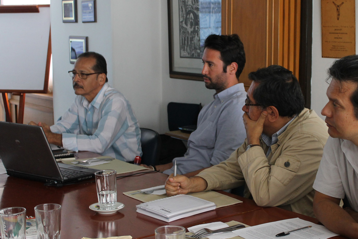 Koordinationstreffen des RNDP-Netzwerks in Bogotá 2018: Luis Montero Escobar, Nicola Dongiovanni, Dr. Jaime Díaz und Jose Rafael Rodriguez (v.l.n.r.)