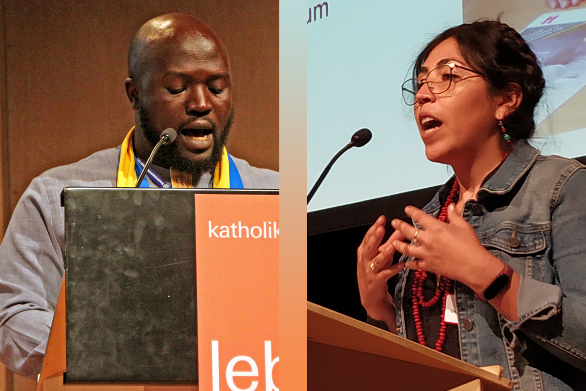 Noelia Crespo Calatayud aus Bolivien und Valérie Viban aus Kamerun (links) sprechen auf dem Katholikentag 2022 in Stuttgart über ihre Erfahrungen.