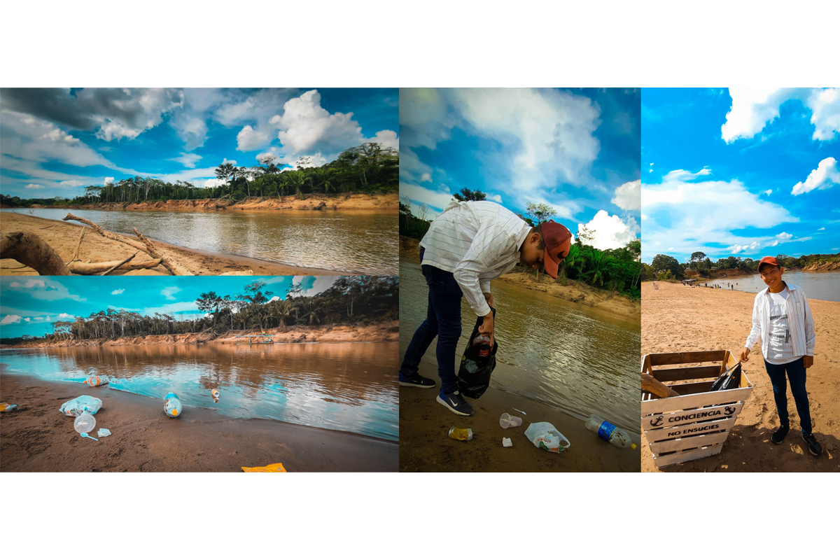 "Müll verschmutzt, es ist unsere Pflicht, unsere Böden, Strände und Flüsse zu schützen." Die Collage (Bildausschnitte) von Axel (19) zeigt eine Müllsammelaktion am Tahuamanu-Fluss in Bolivien.